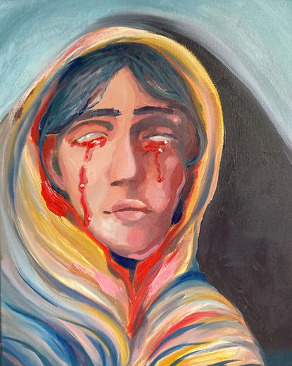 An oil painting of the Virgin Mary. She is in a shawl with dark hair framing her face. She is crying blood and has no irises or pupils. 