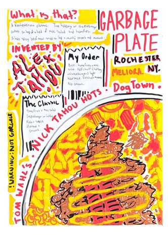A illustration of a garbage plate, a Rochesterian classic dish. There are receipts around it showing Finn's order vs. what is traditional. Credit to Alex Tahou for the creation of the garbage plate.