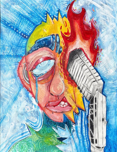 A bust of a kid who is in tears, with a train crashing and burning through one of their eyes.