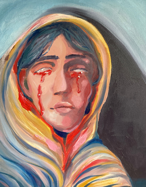 An oil painting of the Virgin Mary. She is in a shawl with dark hair framing her face. She is crying blood and has no irises or pupils.