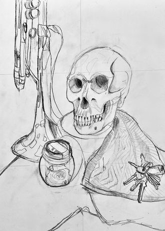 There is a pencil sketch of a skull, a trumpet, a preserved flower, and a set of keys on display. Each has its own personal meaning.