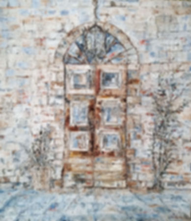 The Rustic Door original textured architectural painting featuring a vintage wooden door and stone wall by Shabana Godhrawala