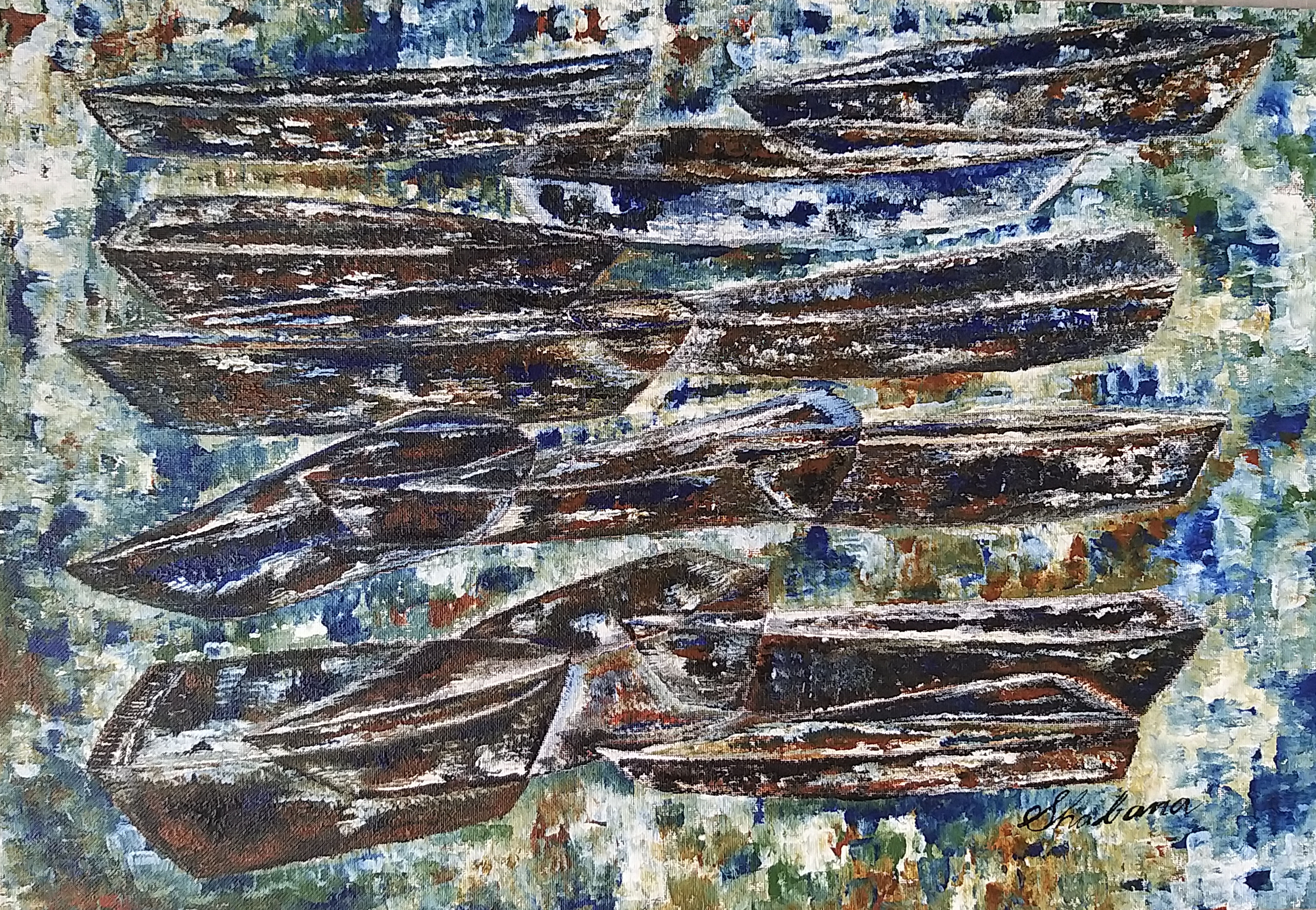 Original boat painting in acrylic on textured handmade paper featuring rustic boats in contemporary style