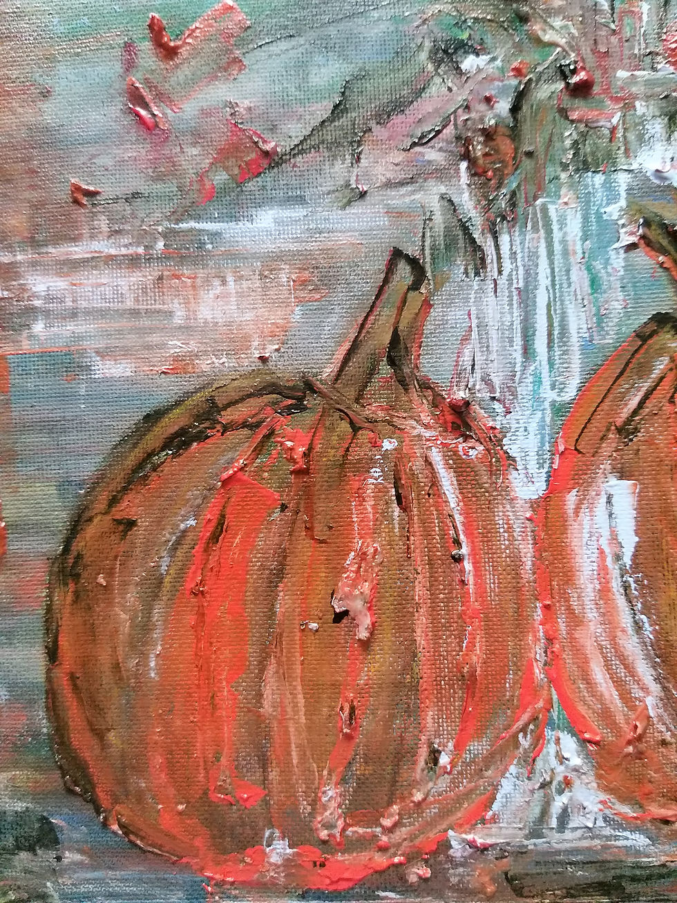 Thumbnail: Textured still life artwork featuring pumpkins, flowers and vintage vessels