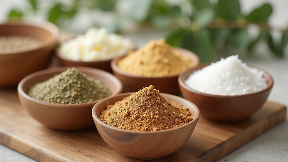 Eye-level view of various natural skincare ingredients in bowls