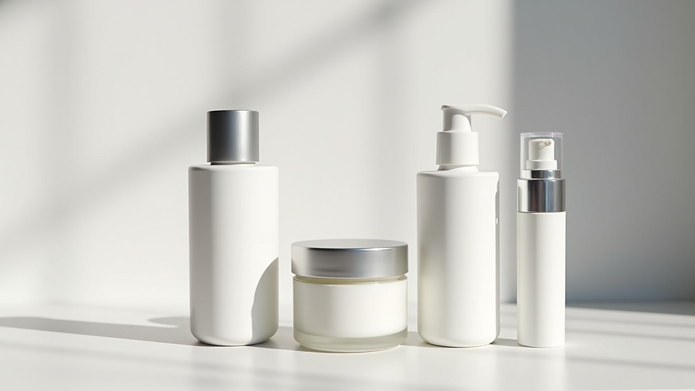 Close-up view of skincare products arranged on a white surface