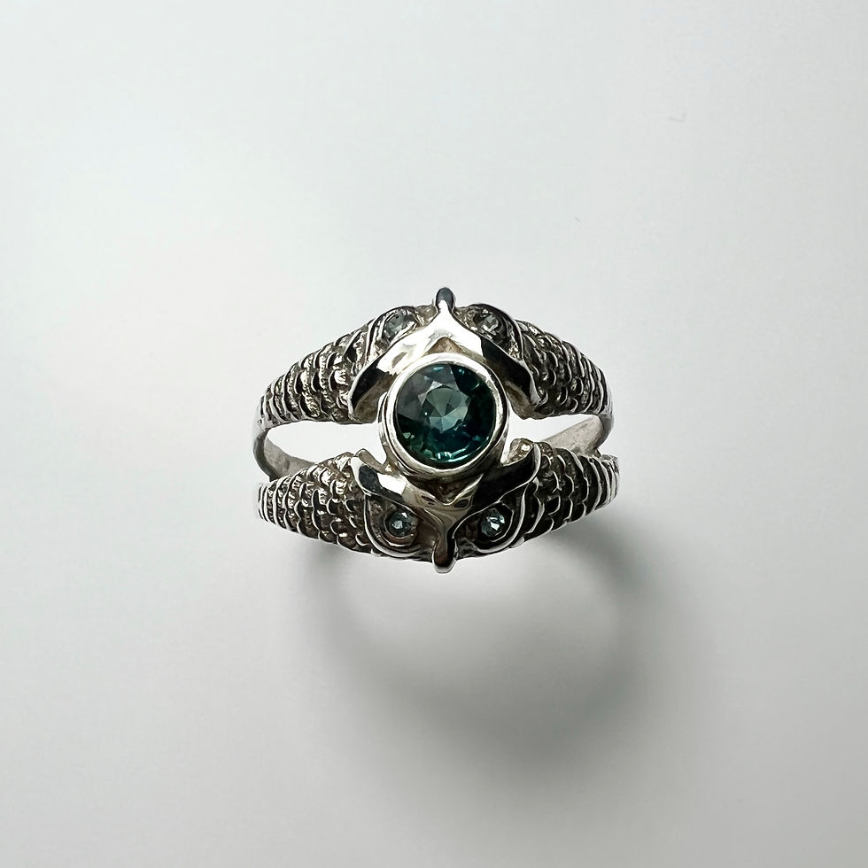 縮圖：0.4ct Natural Teal Blue Sapphire 925 Silver/ Gold unisex owl ring