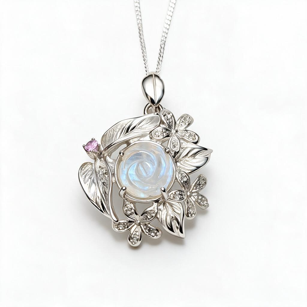 4.37ct Natural Moonstone, blue rose 925 Silver, Gold or Platinum pendant
