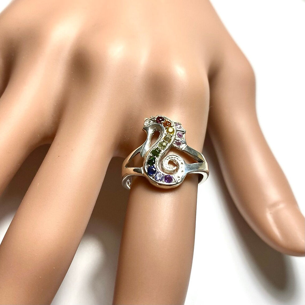 サムネイル： Natural multicolour sapphires 925 Silver / Gold/ Platinum seahorse unisex ring