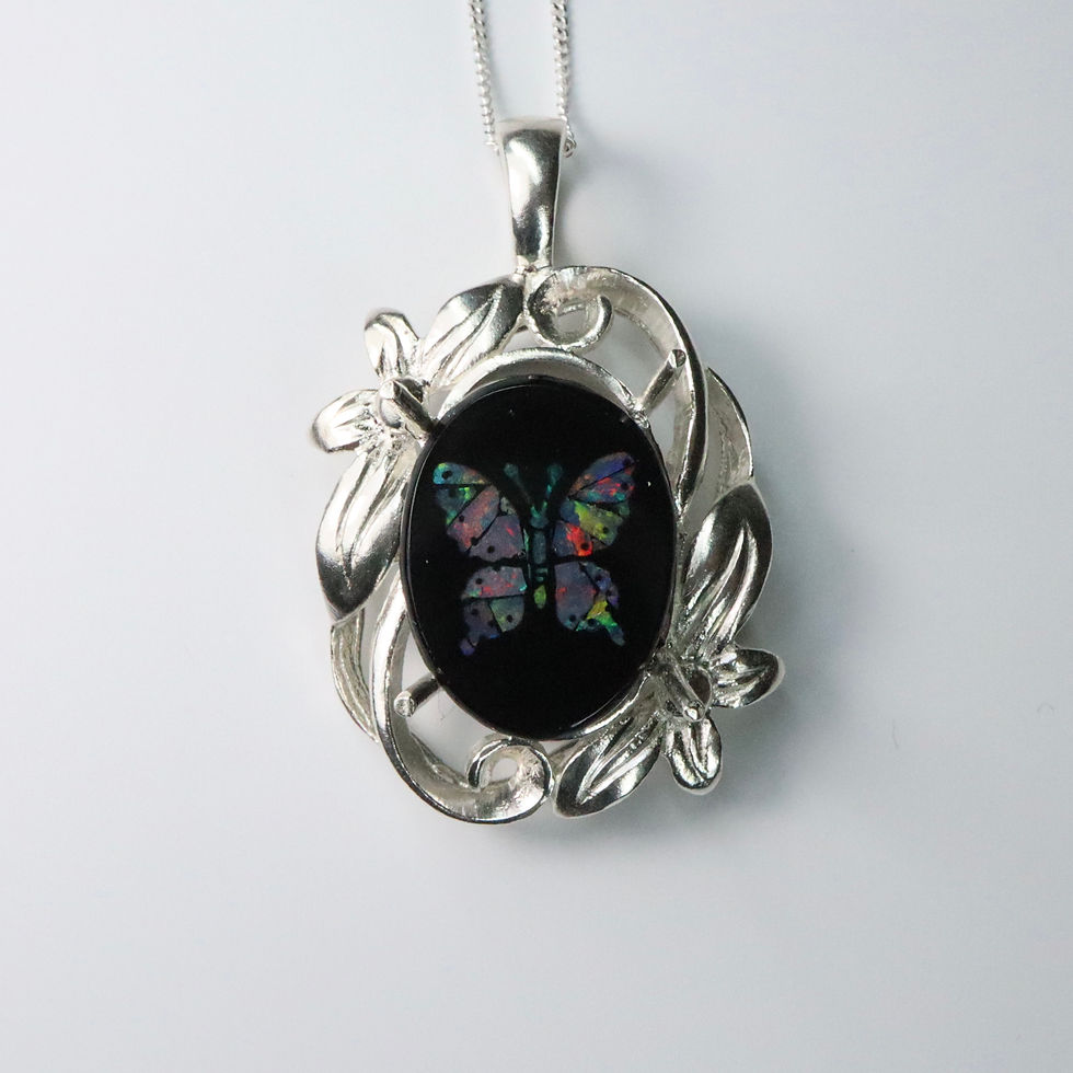 Miniature : Natural Agate inlay Australian opal Silver / Gold butterfly pendant on chain
