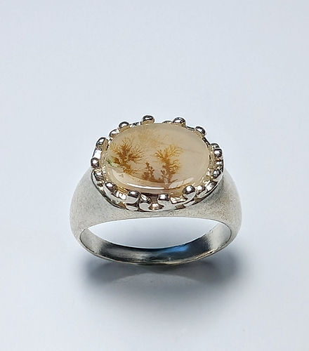 2.95ct Natural Scenic Dendritica agate 925 Silver / Gold east west unisex ring