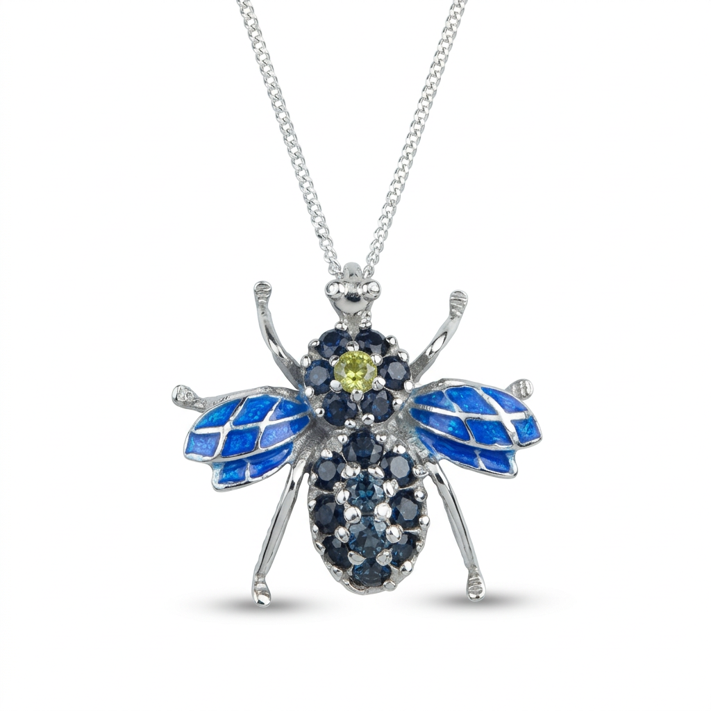 Natural yellow Diamond & sapphire beetle pendant on chain 925 Sterling Silver