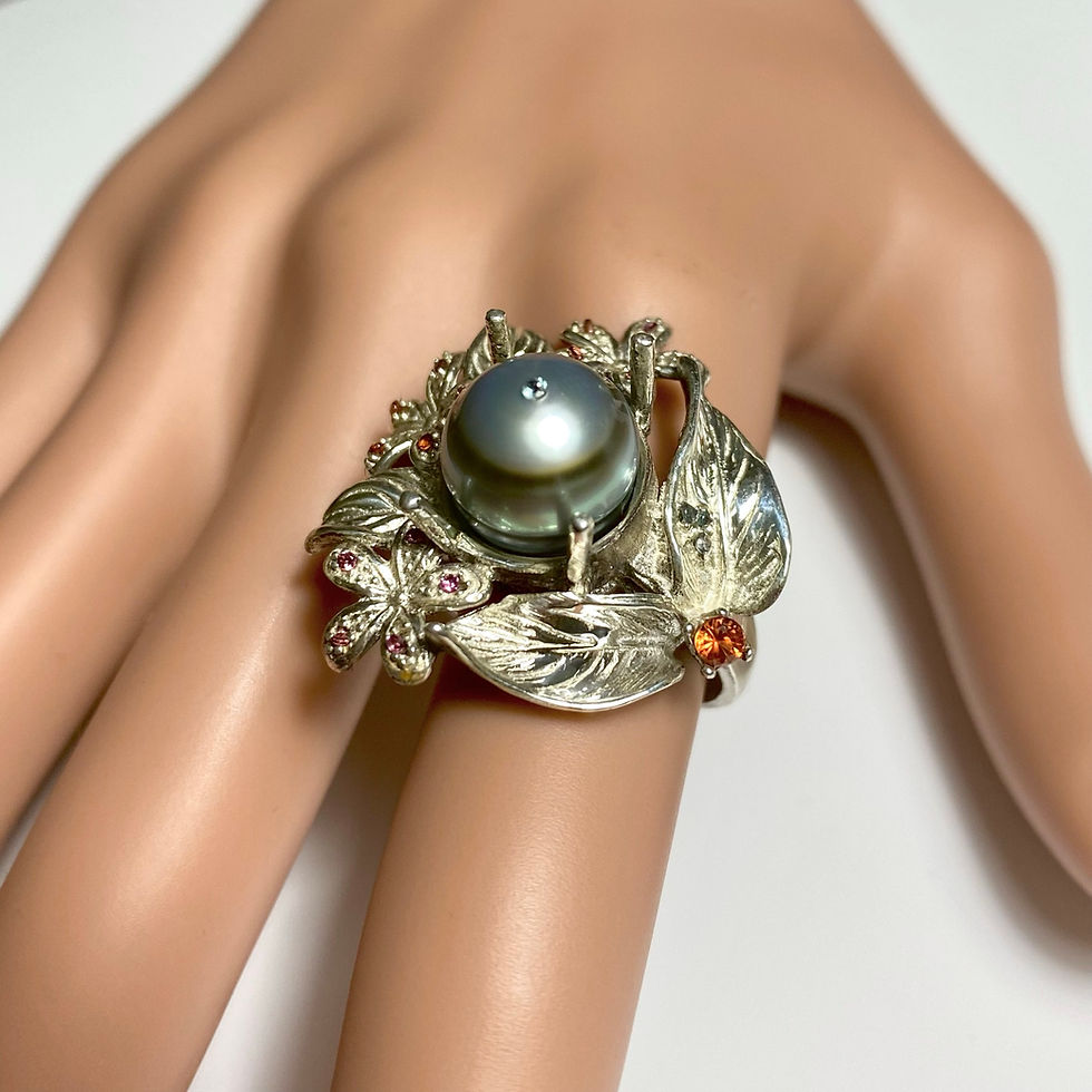 Thumbnail: Certified Cultured Tahitian Pearl silver grey 925 Silver / Gold ring
