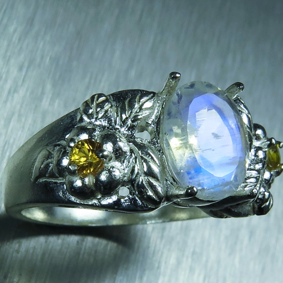 Miniature : Natural blue rainbow moonstone 925 Silver 9ct 14k 18k 375 585 750 Gold Platinum cocktail floral ring