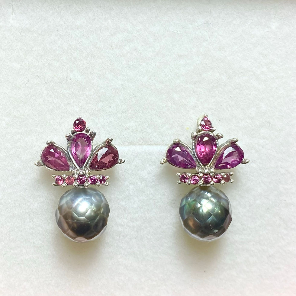 縮圖：Certified Cultured Faceted Tahitian Black Pearl 925 Silver /Gold  stud earrings