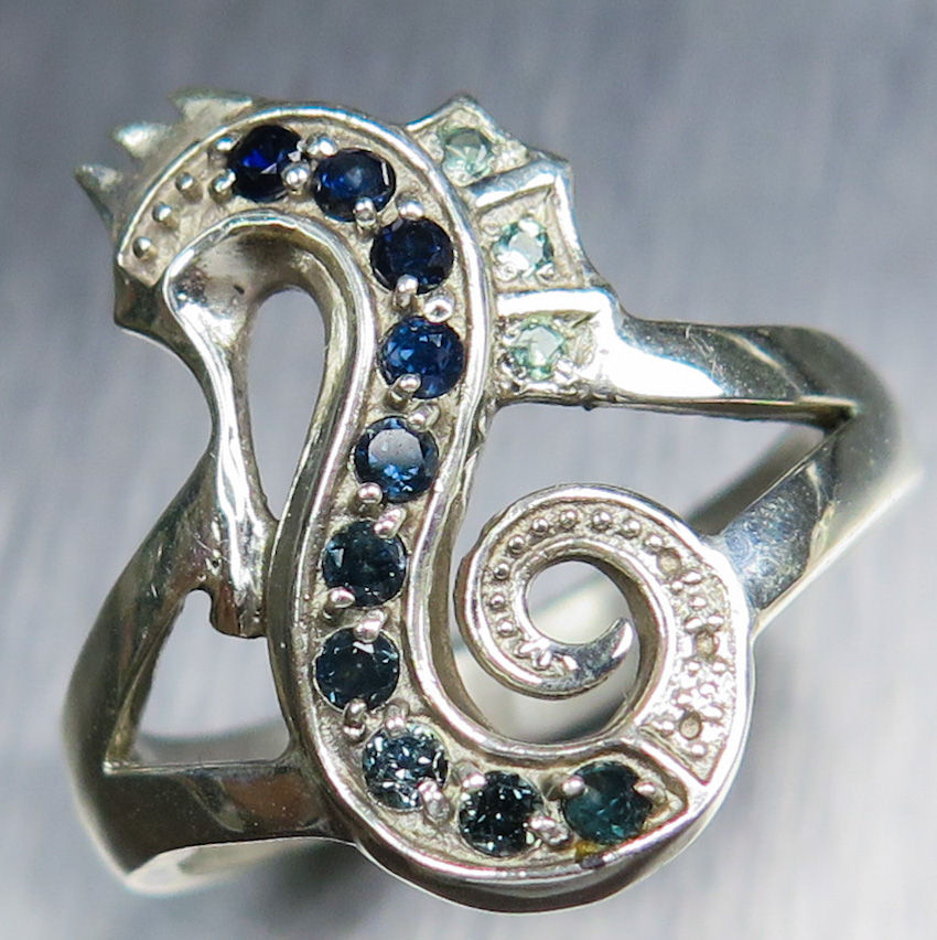 Miniatura: Natural blue sapphires 925 Silver / Gold/ Platinum seahorse unisex ring