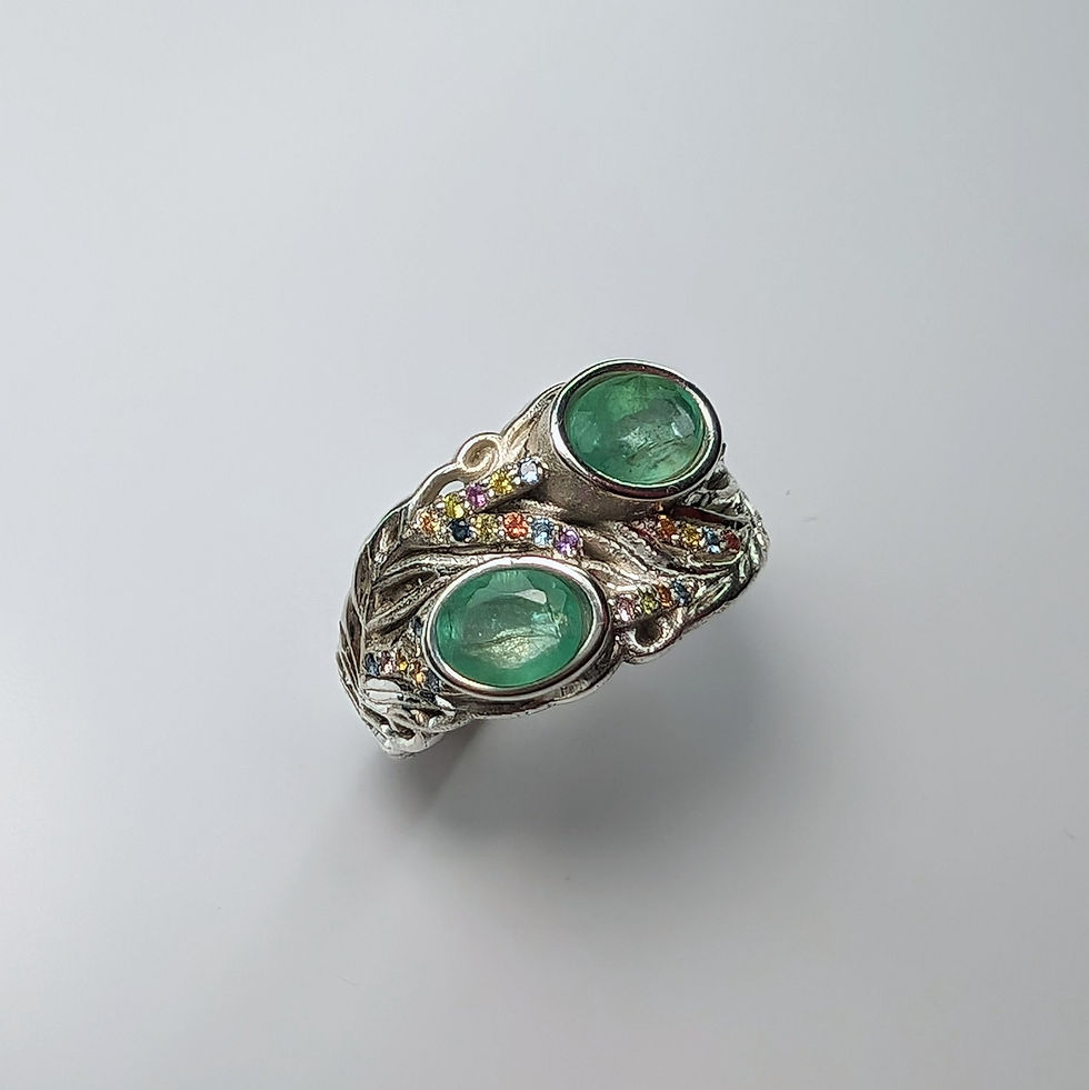 Natural Emerald 925 Silver / Gold/ Platinum peacock feather ring