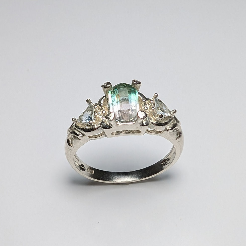 Thumbnail: Natural bi-colour watermelon tourmaline 925 Silver / Gold art deco ring