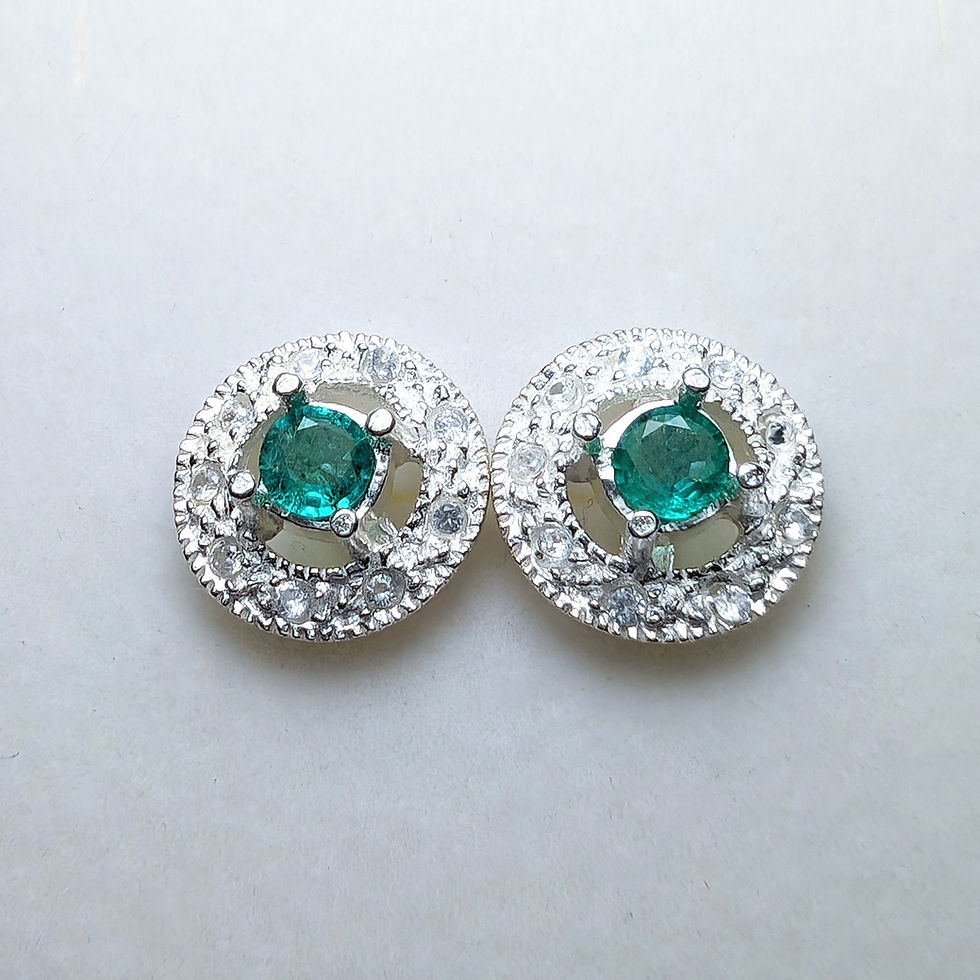 Miniatura: Natural Colombian Emerald and diamonds Silver, Gold studs round earrings