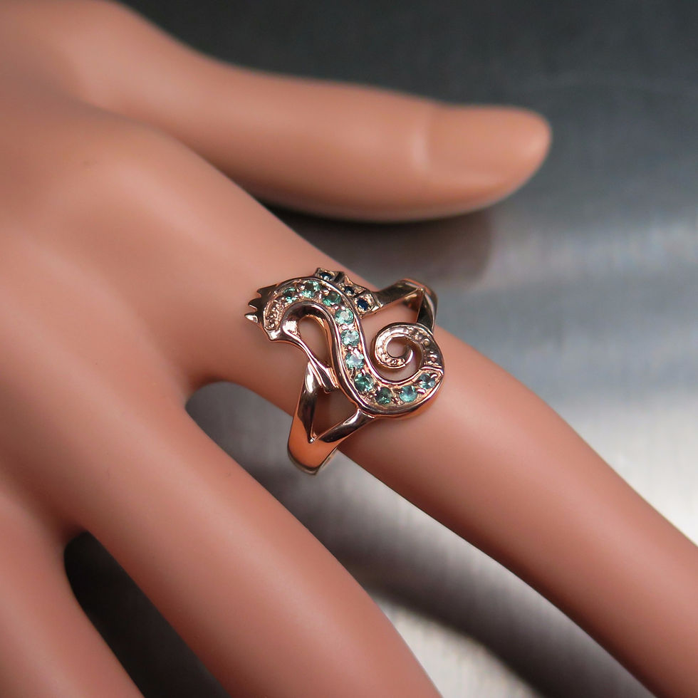 縮圖：Natural colour change green purple blue Alexandrite 925 Silver 9ct 14k 18k 375 585 750 Gold platinum seahorse ring
