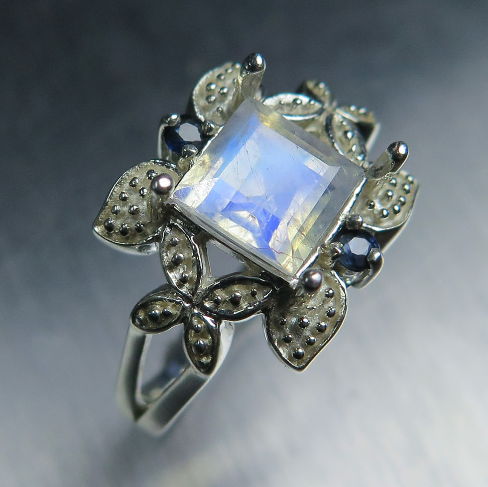 Natural blue rainbow moonstone 925 Silver 9ct 14k 18k 375 585 750 Gold Platinum princess cut cocktail ring