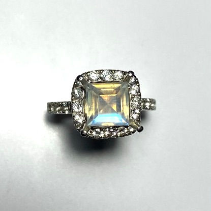 Miniature : Natural blue rainbow moonstone 925 Silver 9ct 14k 18k 375 585 750 Gold Platinum princess halo engagement ring