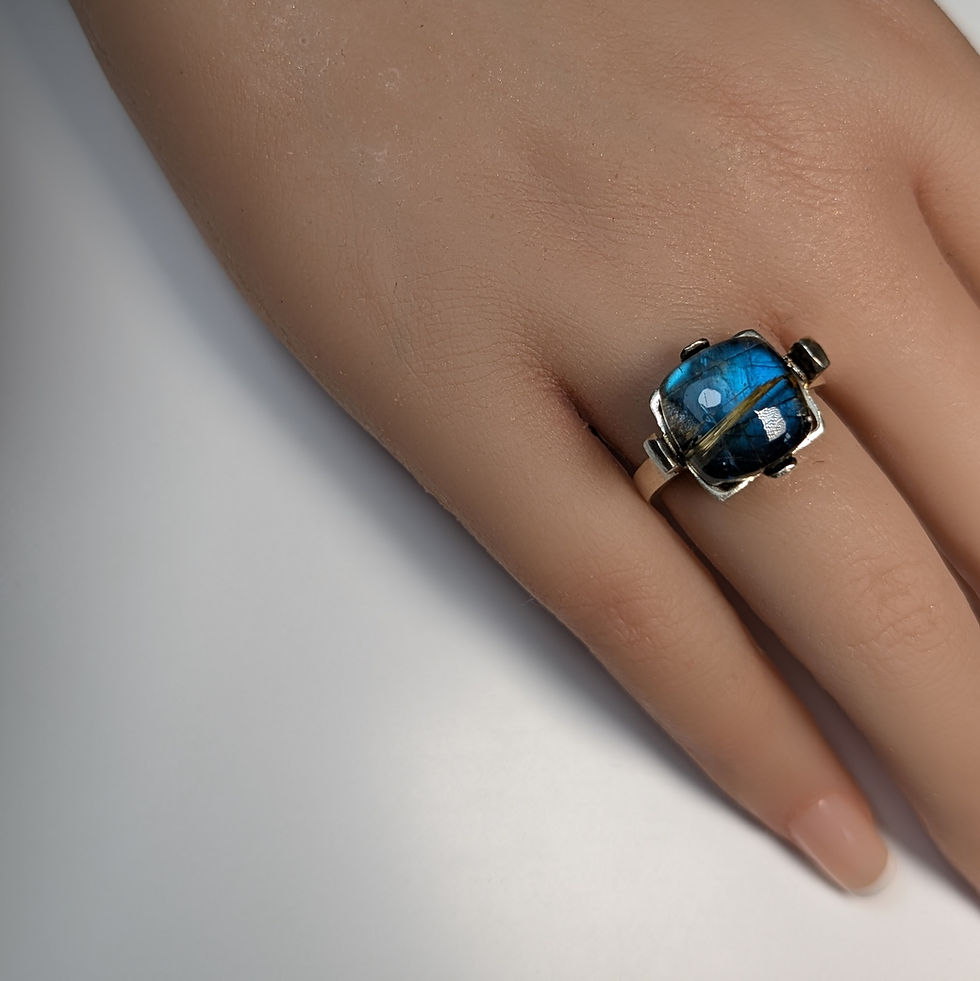 Thumbnail: Natural Rutile Quartz and Labradorite 925 Silver / Gold unisex ring