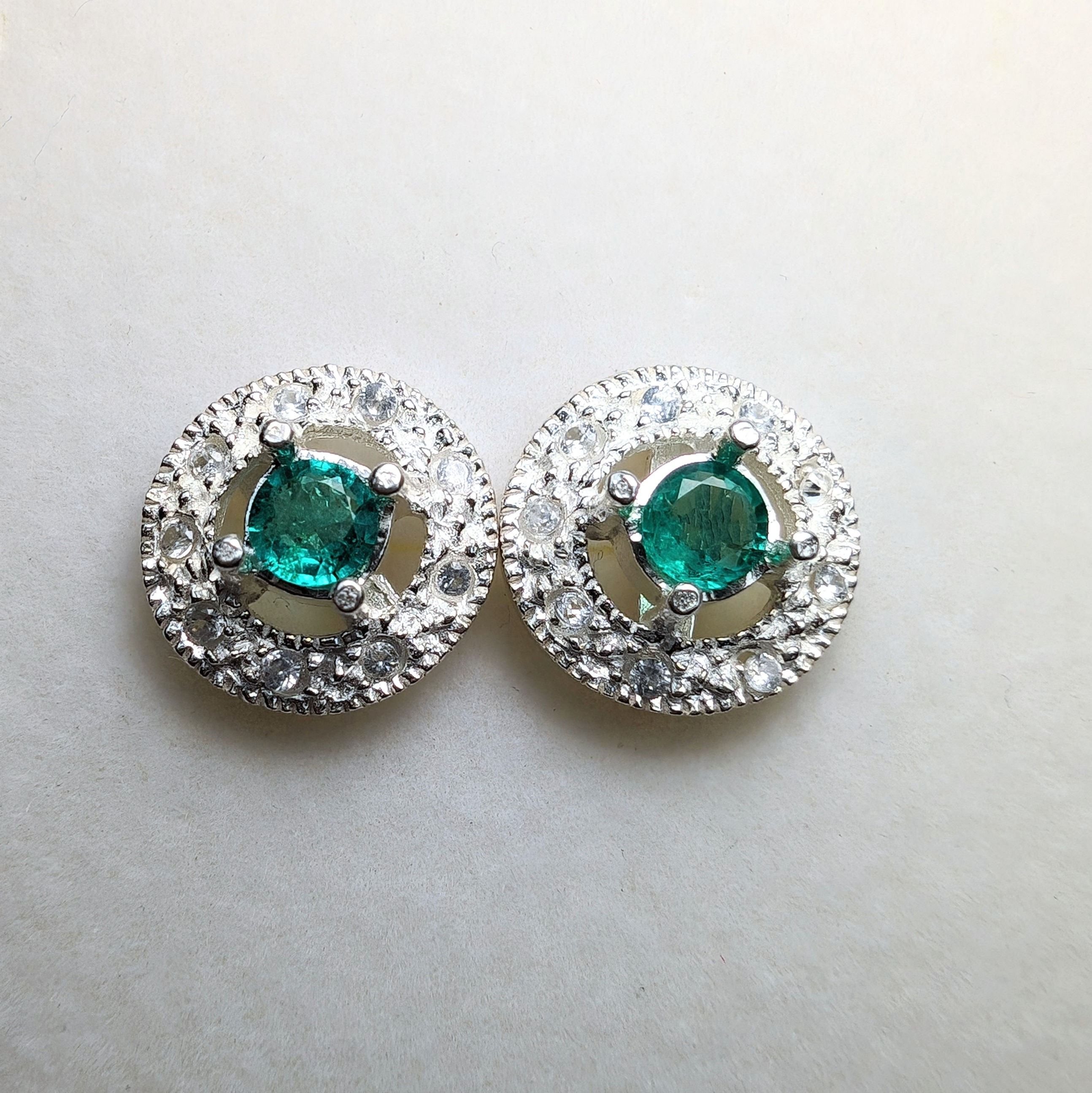 Natural Colombian Emerald and diamonds Silver, Gold studs round earrings