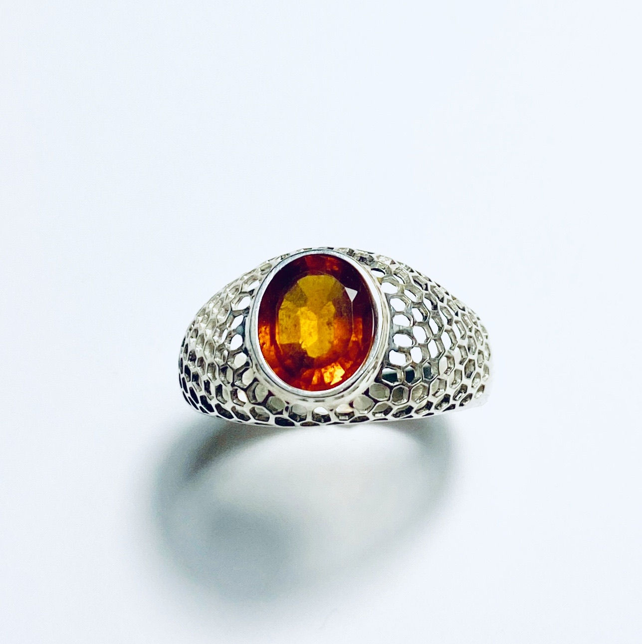 Natural Hessonite Garnet 925 Silver / Gold unisex honey comb ring