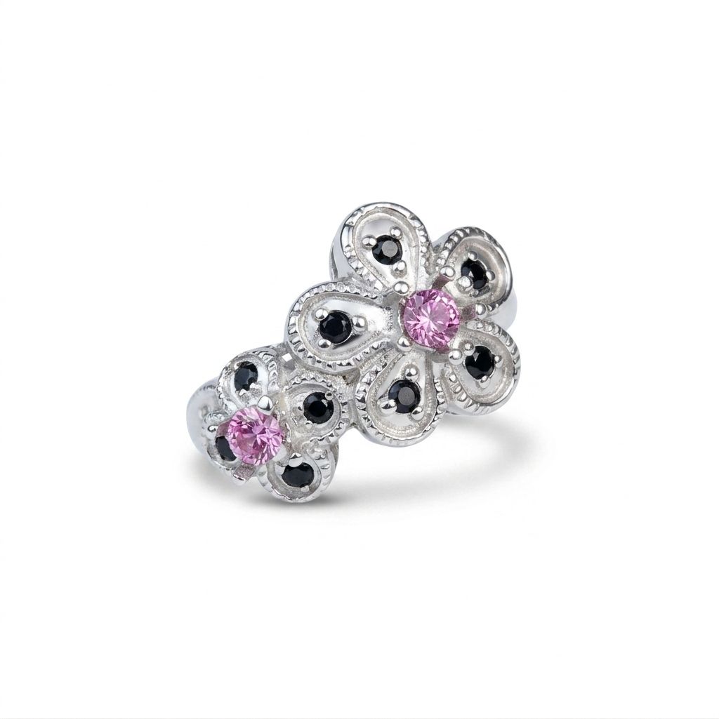 Natural pink Spinel floral ring 925 Silver, Gold, Platinum