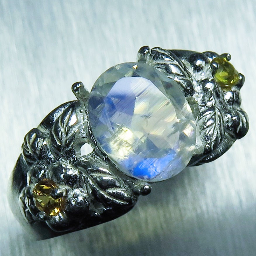 Miniature : Natural blue rainbow moonstone 925 Silver 9ct 14k 18k 375 585 750 Gold Platinum cocktail floral ring