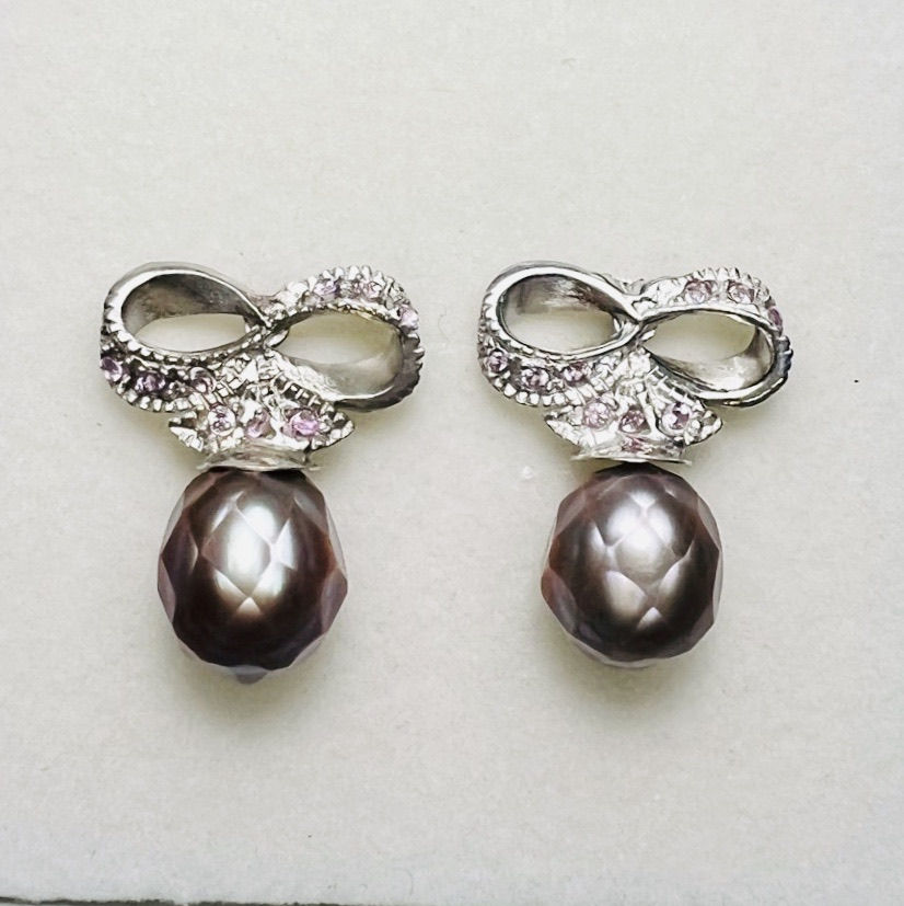 Faceted Freshwater Cultured Pearls laveder purple 925 Silver /Gold stud earrings