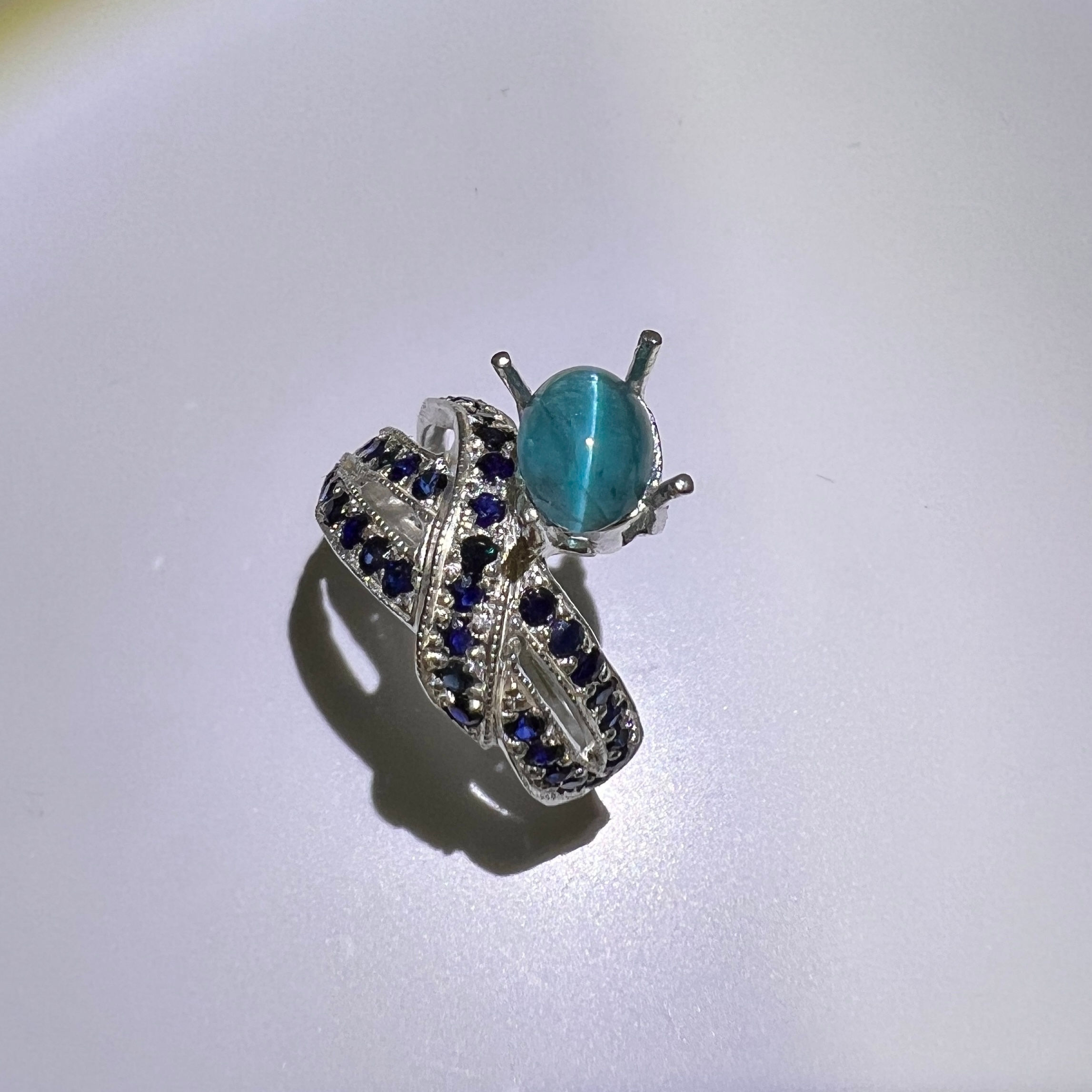 1.5cts Natural Paraiba blue Apatite cats eye 925 Silver/ Gold/ Platinum ring