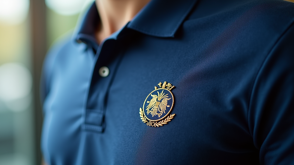 Close-up view of embroidered company logo on a polo shirt
