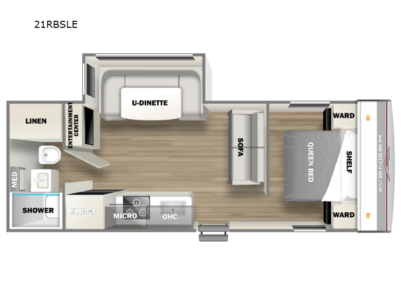 Floor plan showing a G-Dinette, Queen Bed and New 2025 Prime Time Avenger 21RBSLE.