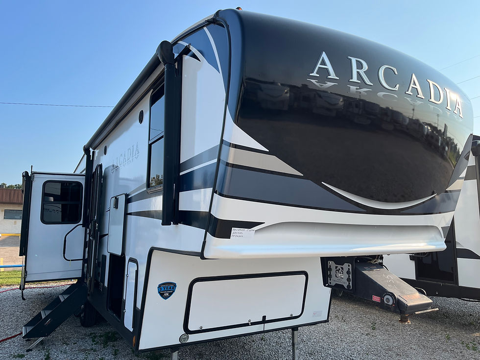 White RV with ARCA text visible parked outside in daylight LOCAL RV DEALERSHIP