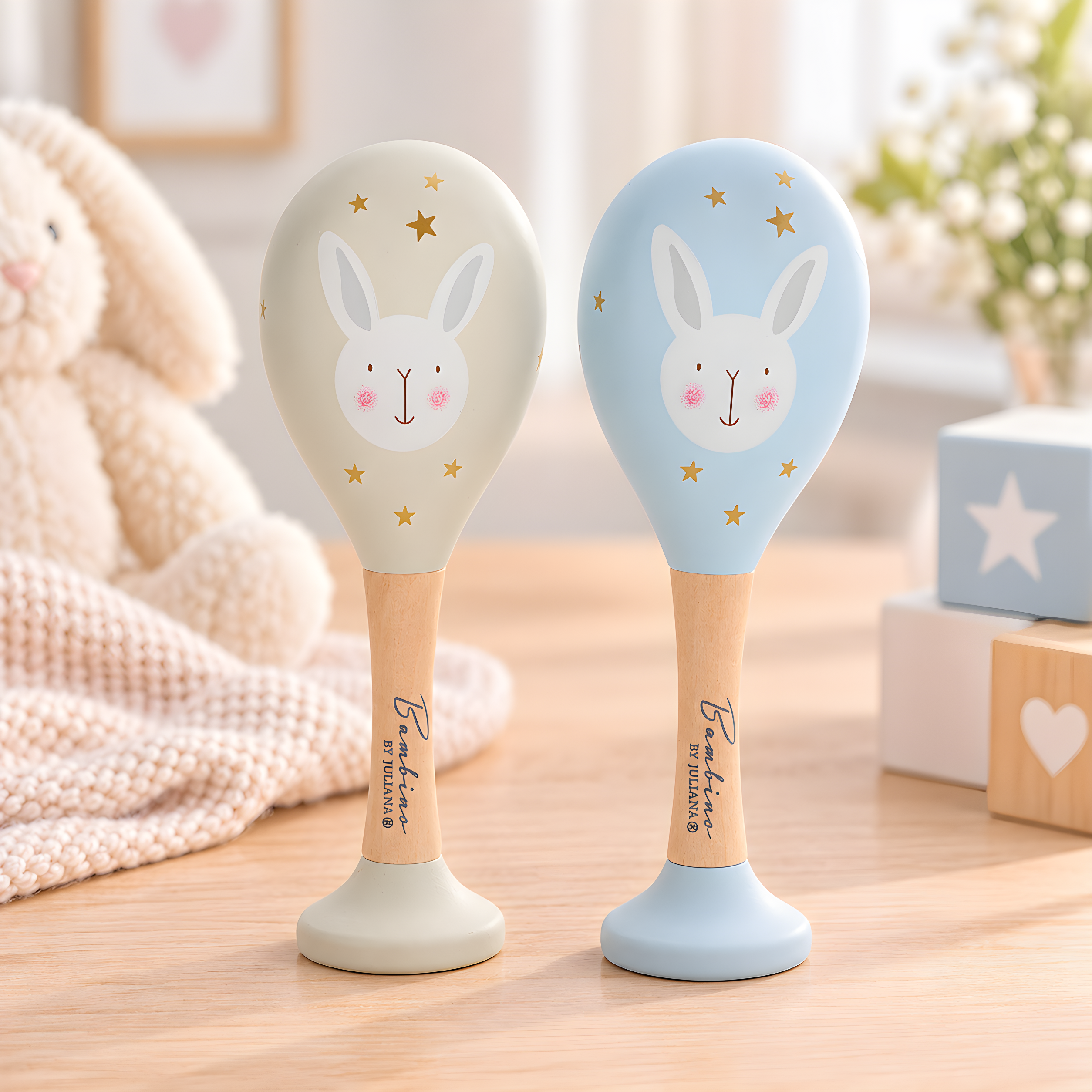 Baby Wooden Maracas Set - Blue & Grey Bunny