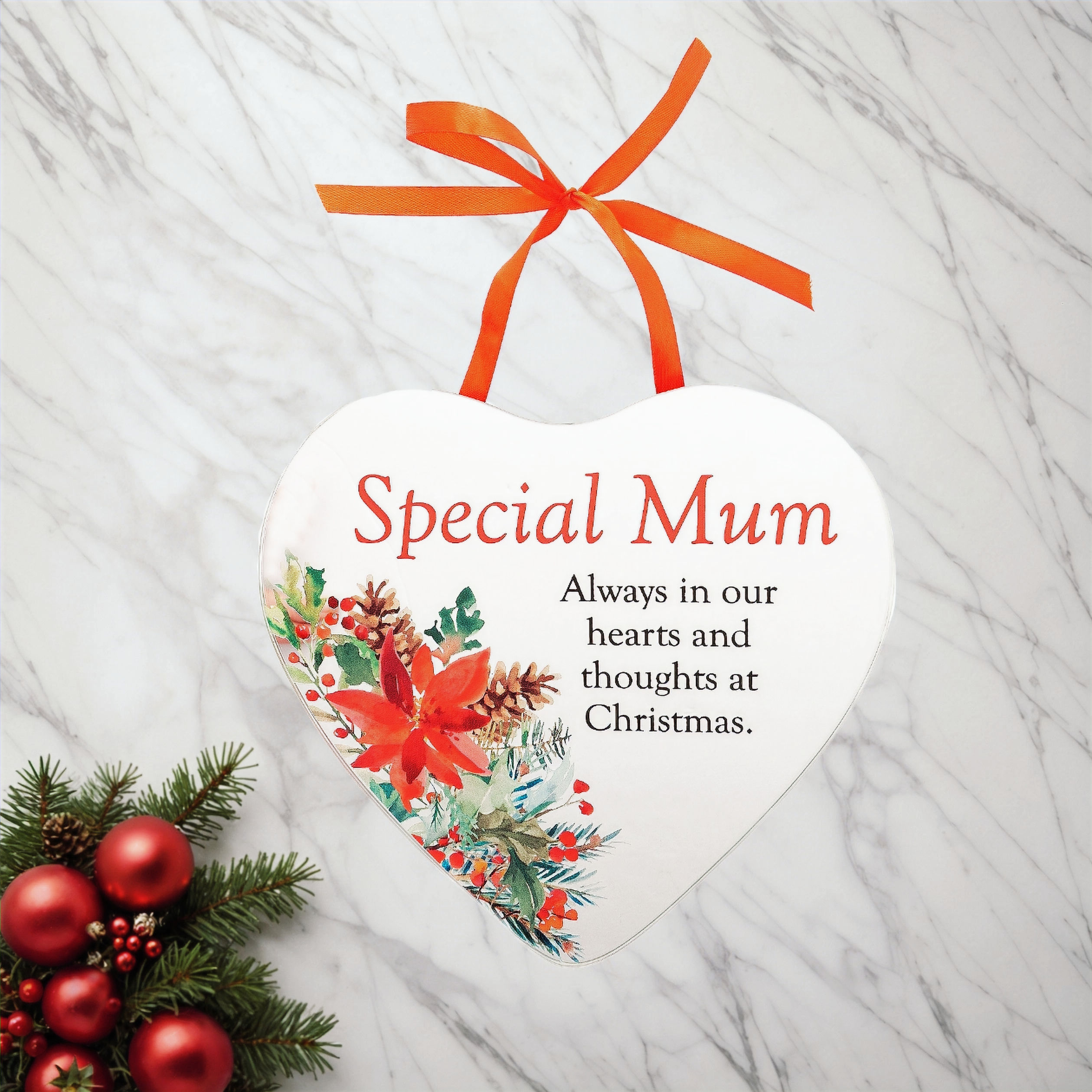 Mum Mirrored Christmas Heart Hanging Memorial Plaque