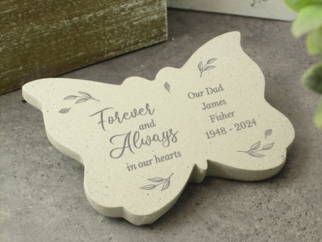 Personalised resin butterfly-shaped memorial plaque with engraved sentiments