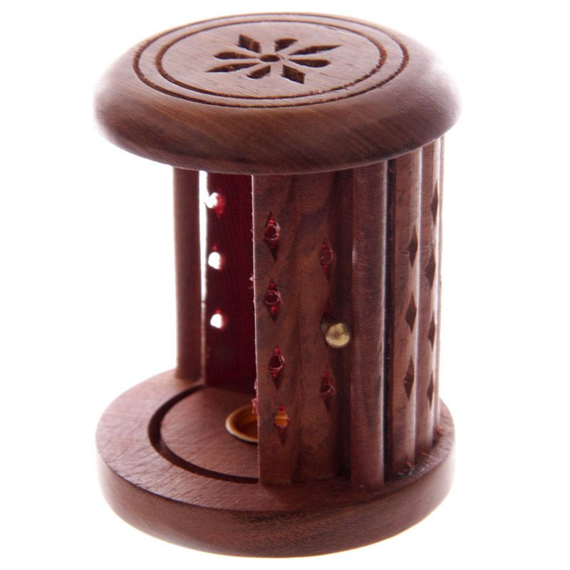Thumbnail: Sheesham Wood Carved Barrel Incense Cone Burner Holder Ashcatcher