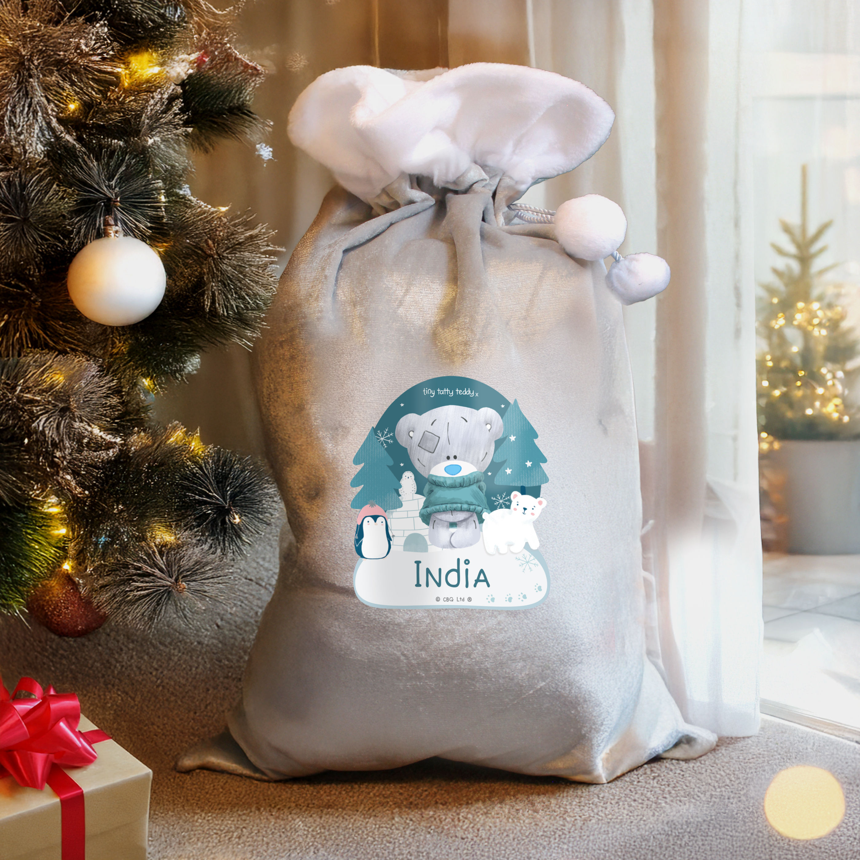 Personalised Winter Explorer Tiny Tatty Teddy Luxury Silver Grey Pom Pom Sack - Forever Cherished Gifts