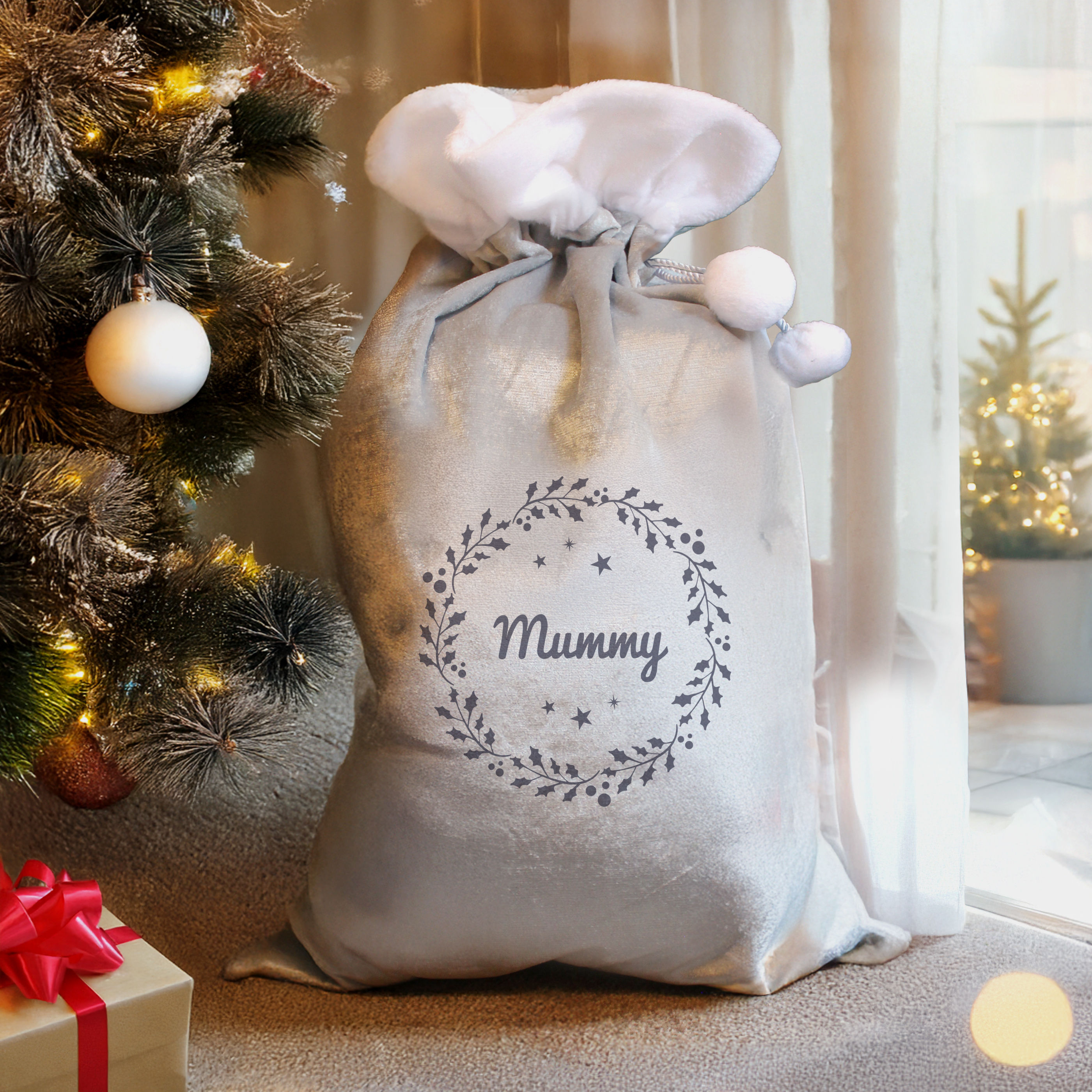 Personalised Holly Luxury Silver Grey Christmas Sack - Forever Cherished Gifts