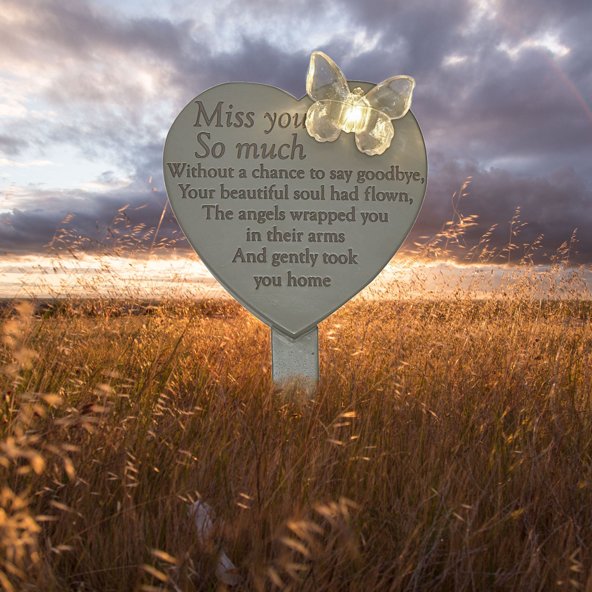 Miss You So Much Solar Light Up Heart Memorial Stake