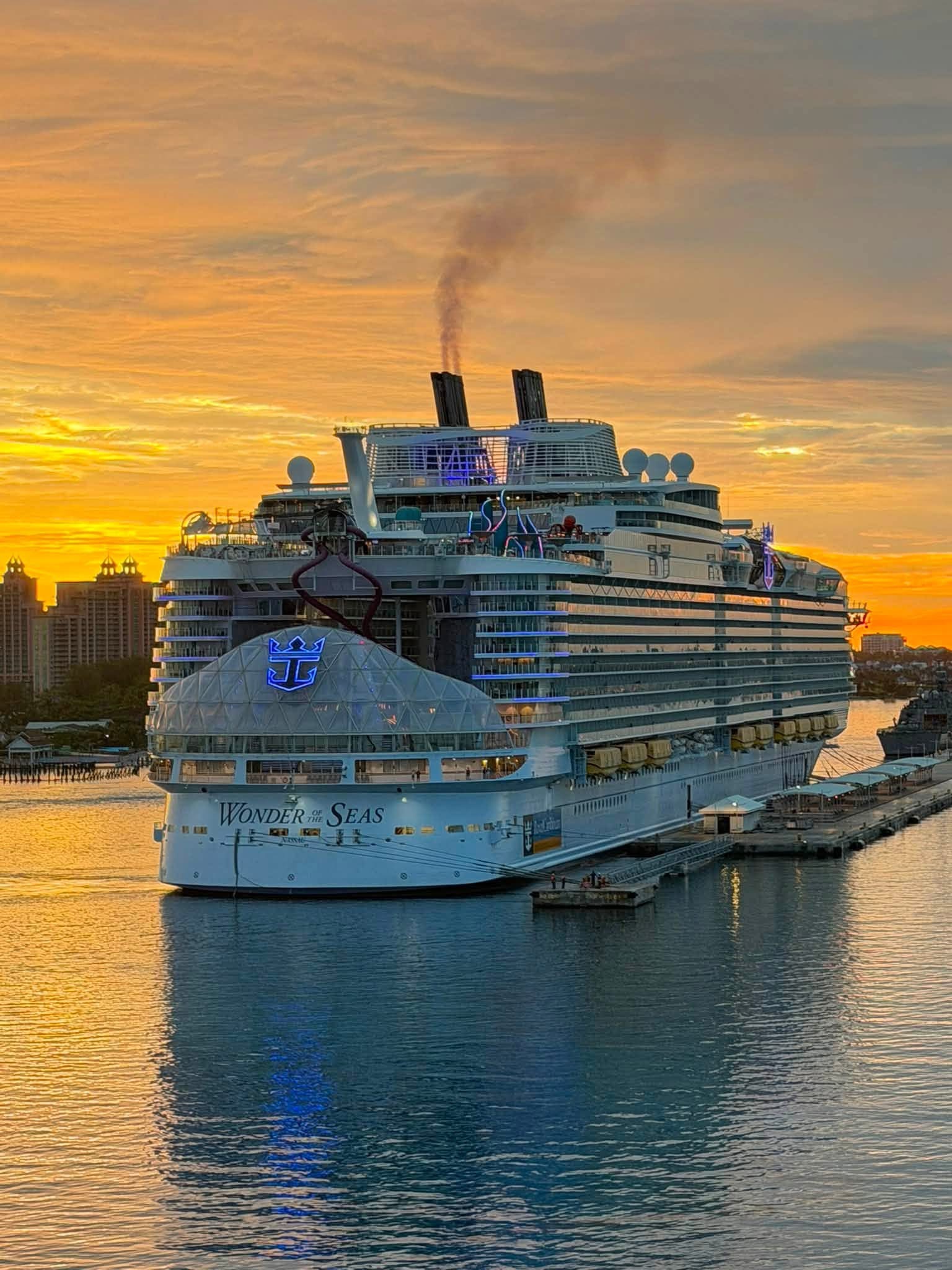 Ocean cruise ship at sunset