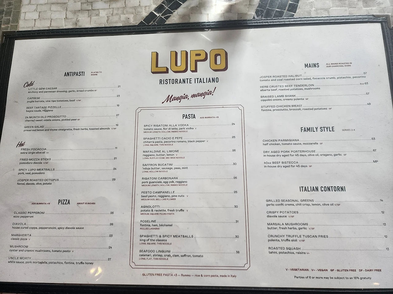 Dinner menu, Lupo, Banff