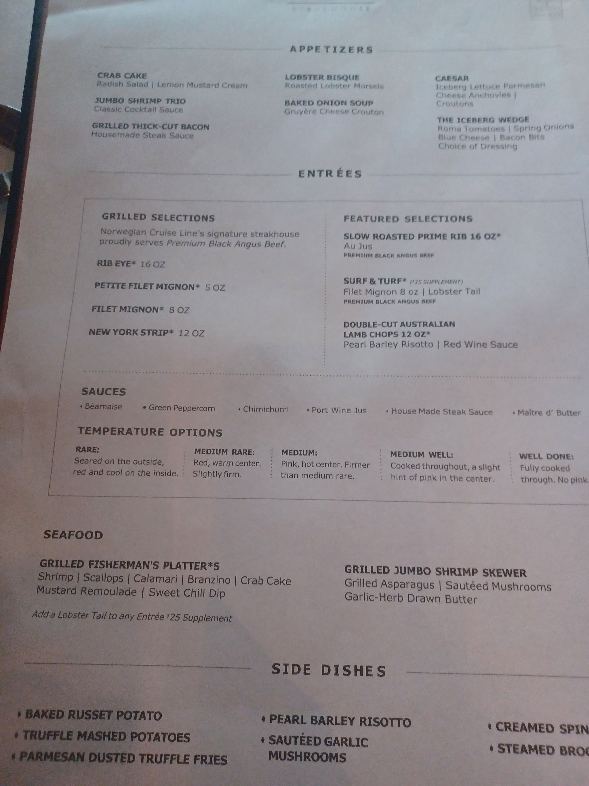 Menu at Cagney's Steak house