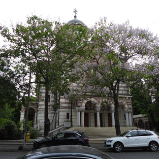 Behind flowering trees, front of New "Saint Eleutherius" Church, Bucharest