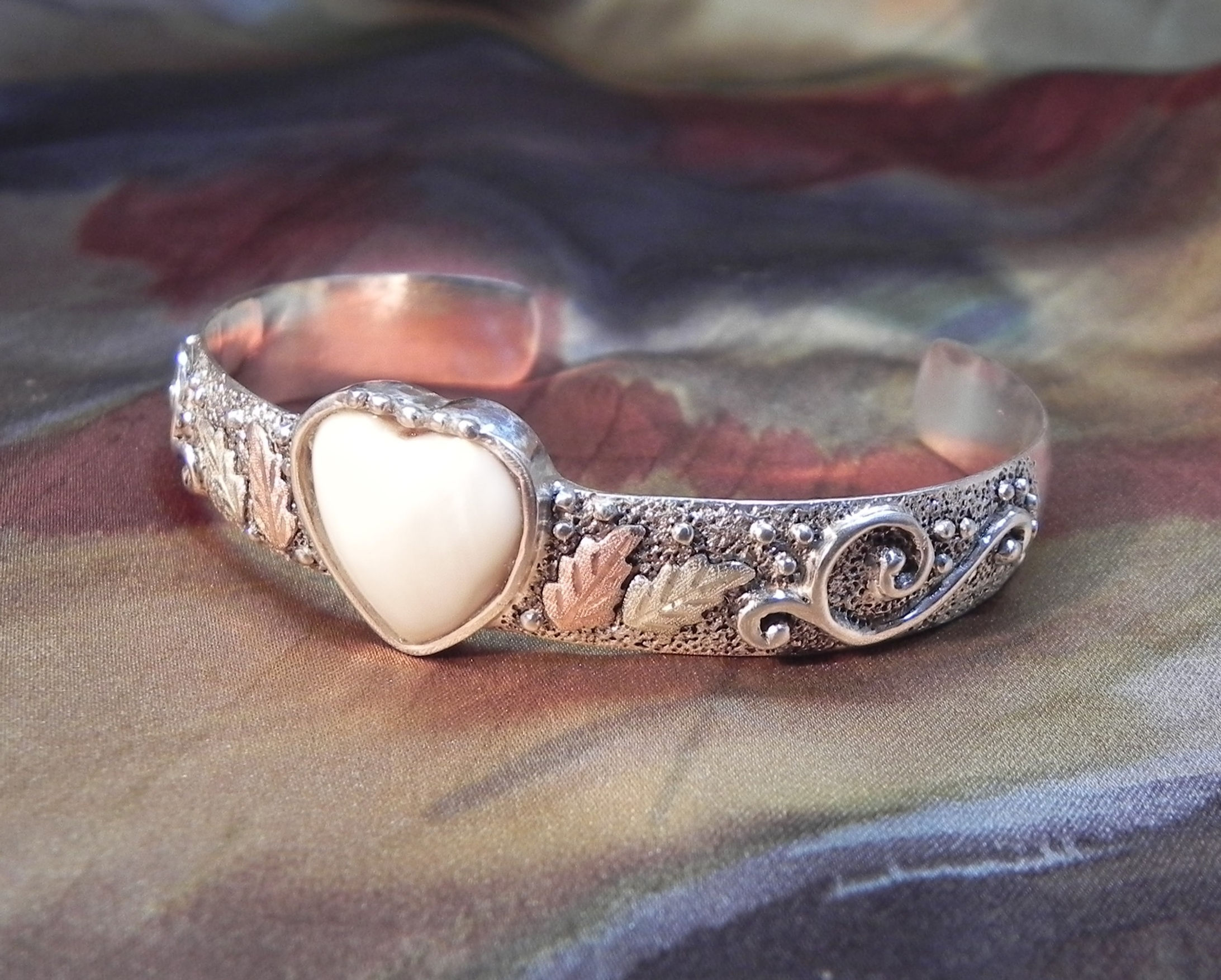 Heart Shaped Carved Elk Ivory & Black Hills Gold Cuff Bracelet