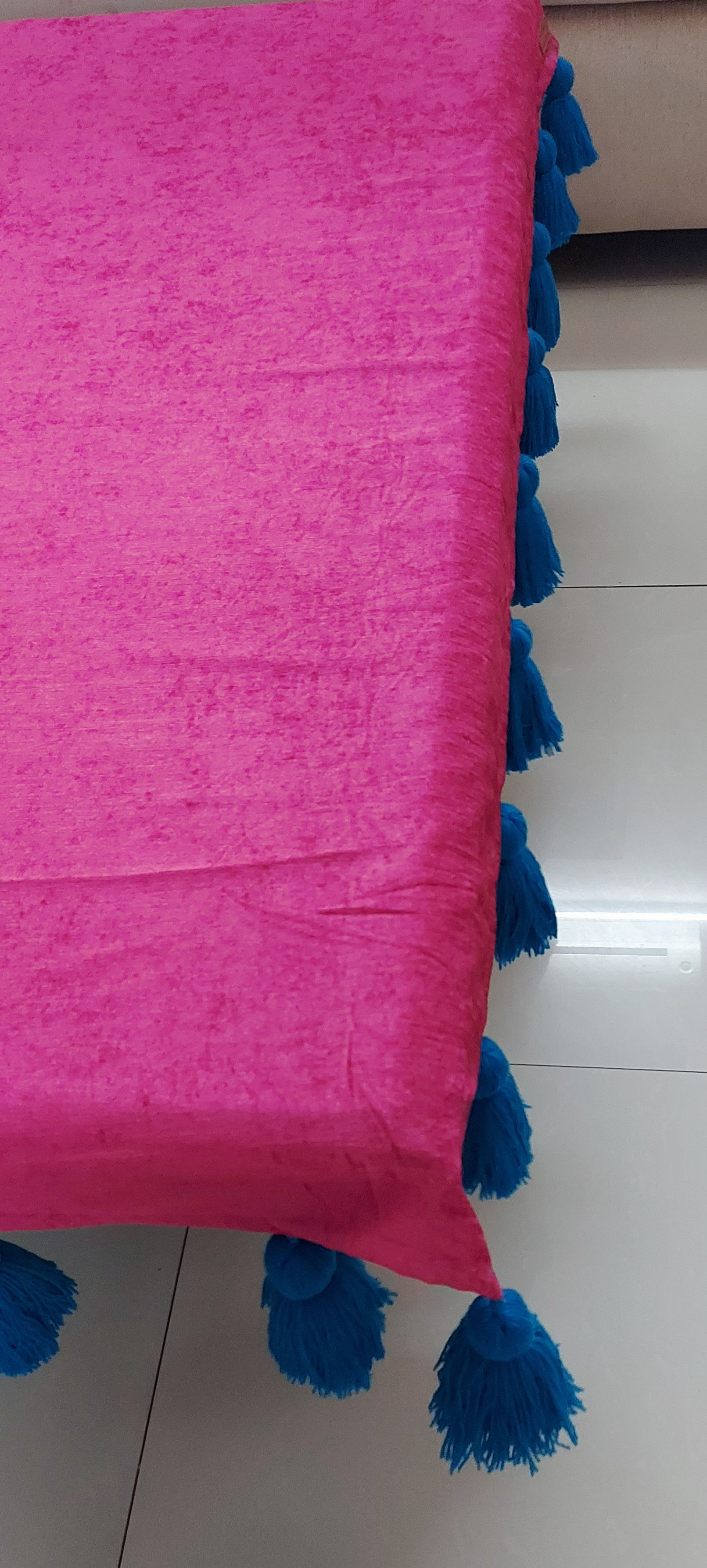 Solid Pink with Blue tassels Table cover
