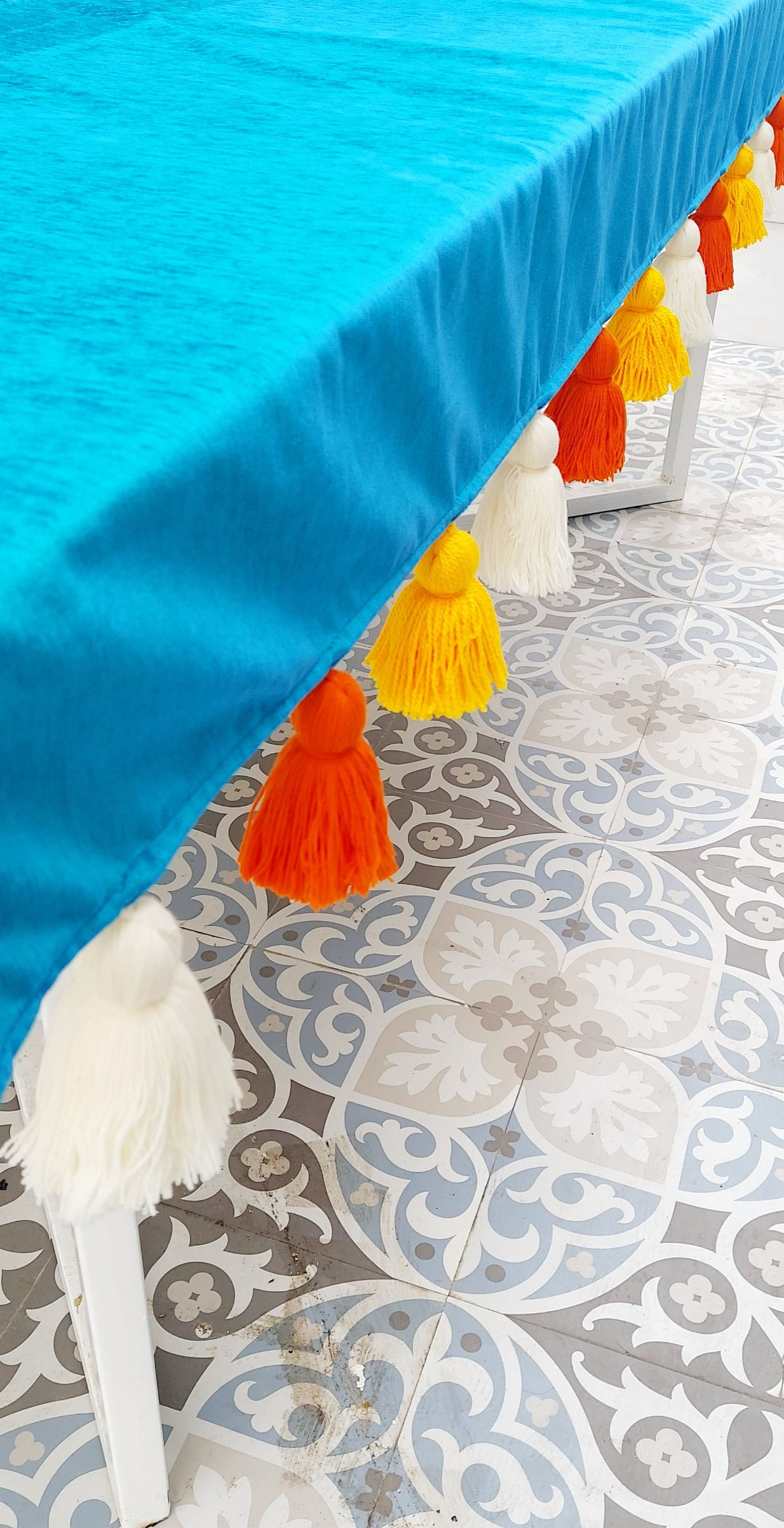 Solid blue with Multicolor Tassel Table Cover